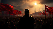 Silhouette Of A Man With Turkish Flag On The Sky.