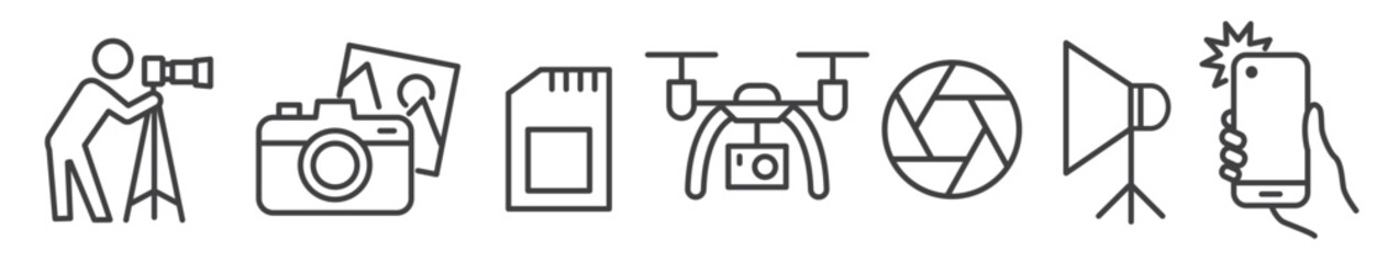 Wall Mural - Photography, camera and photo equipment vector thin line icon set on white background