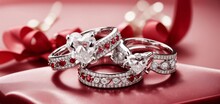 Two Diamondstudded White Gold Engagement Rings With A Heartshaped Ribbon On Red, Plus A Romantic Wedding Jewelry Backdrop