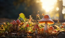 Beautiful Closeup Of Forest Mushrooms In Grass, Autumn Season. Little Fresh Mushrooms, Growing In Autumn Forest. Mushrooms And Leafs In Forest. Mushroom Picking Concept. Magical Soft Focus Image 