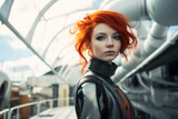Fototapeta Młodzieżowe - Young redhead woman with a futuristic architecture background. Generative AI.