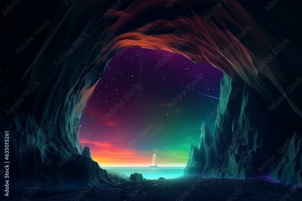 Fantasy cave with rocky terrain and a stunning starry night sky ...
