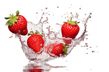 Falling Strawberries With The Splash Of Water Isolated On Transparent Background