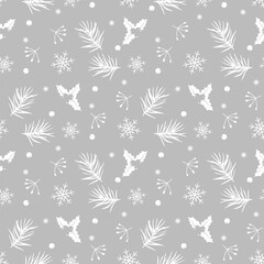 Canvas Print - Seamless pattern with pine cone, holly berry and snowflakes. Background for gift wrapping paper, textille