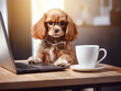 © alla.naumenco - Funny puppy wearing glasses in front of a laptop.