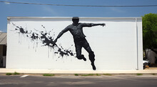 Abstract Silhouette Of A Jumping Man Is Drawn On The Wall Of A Building, Street Art Concept. Generative Ai. 