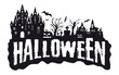 Halloween banner. Castle and graveyard with gravestones, scary pumpkins. Vector.