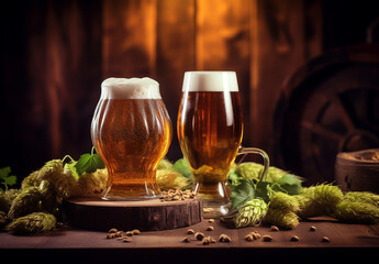 Wall Mural - Fresh draft cold beer in glasses. Green hops and barrel. Close-up, side view. On a dark background.