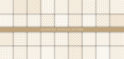 Vector set of 36 ornate seamless geometric pattern background with golden line in oriental and art deco style such as seashell, chevron, wave, hexagon, diamond with pattern swatch.