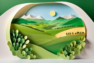 Wall Mural - green hills with bushes and trees on a warm bright day. paper art style. Japanese origami. cardboard landscape. realistic papercut.