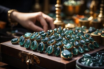 Wall Mural - Close-up of hands arranging jewelry for display - stock photography concepts