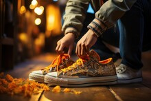 Close-up Of Hands Lacing Up Fashionable Sneakers  - Stock Photography Concepts