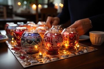 Wall Mural - Close-up of hands setting up a holiday-themed puzzle - stock photography concepts