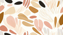 Abstract Organic Seamless Background In Pale Pink, Gold And Brown. Natural Shapes And Dots In A Tile Pattern.