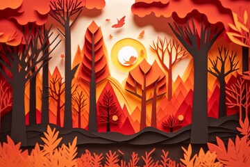 Wall Mural - autumn trees in the forest in the rays of the sun background. paper art style. Japanese origami. cardboard landscape. realistic papercut.