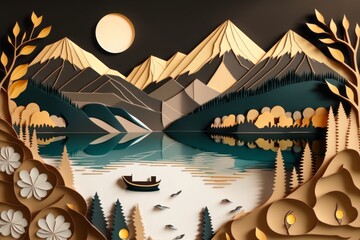 Wall Mural - a river between rocky mountains. paper art style. Japanese origami. cardboard landscape. realistic papercut.