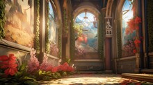 Environment Art Inside A Temple With Many Colorful Plants