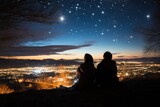 Fototapeta Natura - Couple stargazing on a clear winter night - stock photography concepts