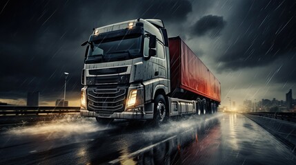 Truck on wet road in heavy rain under cloudy sky