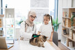 © sofiko14 - Vet doctor teaching girl care tips with pet grooming glove