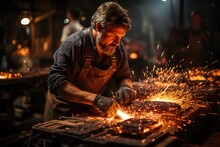 Fiery Sparks Flying As A Blacksmith Hammers Red-hot Metal - Stock Photography Concepts