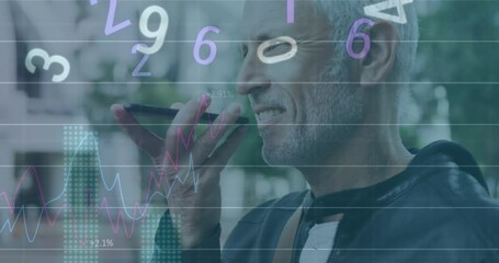 Poster - Animation of graphs, letters and numbers, senior caucasian man talking on speaker of cellphone