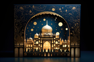 Wall Mural - Illustration capturing the beauty of a moonlit mosque during Eid, with Islamic details and motifs