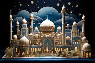 Wall Mural - Illustration capturing the beauty of a moonlit mosque during Eid, with Islamic details and motifs