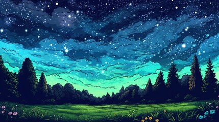 Wall Mural - Enchanting starry night over a meadow . Fantasy concept , Illustration painting.
