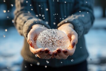 Wall Mural - Person catching snowflakes in a mittened hand - stock photography concepts