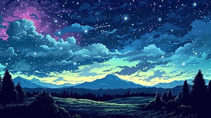 Wall Mural - Enchanting starry night over a meadow . Fantasy concept , Illustration painting.