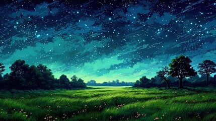 Wall Mural - Enchanting starry night over a meadow . Fantasy concept , Illustration painting.