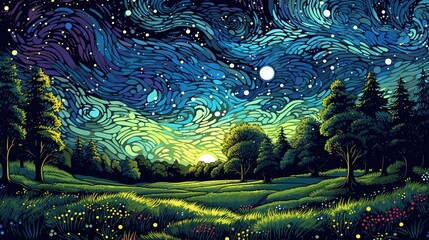 Wall Mural - Enchanting starry night over a meadow . Fantasy concept , Illustration painting.