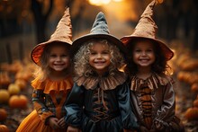 Happy Children Sisters On Halloween. Funny Kids In Carnival Witch Costumes Outdoors. Cheerful Children And Pumpkins On Sunset Background. Trick Or Treat Concept