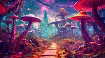 Wall Mural - Enchanting fairy-tale mushroom forest . Fantasy concept , Illustration painting.