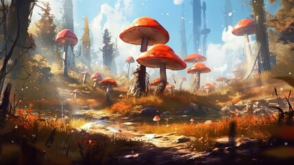 Wall Mural - Enchanting fairy-tale mushroom forest . Fantasy concept , Illustration painting.
