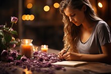 Person writing a heartfelt love letter by candlelight - stock photography concepts