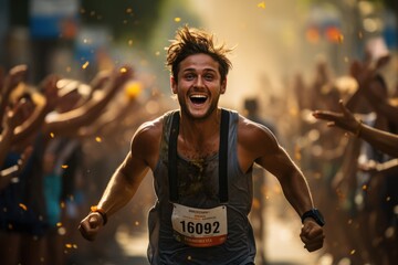 Runner crossing a finish line with a sense of achievement - stock photography concepts