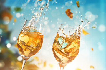 Glasses of champagne, sparkling, splashing toasting