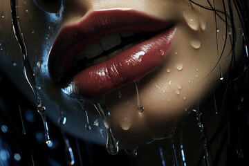 Wall Mural - Shiny sexy wet lips with red glossy lipstick close-up