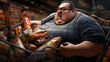 Close-up of an obese man in a shopping trolley, which is filled with junk food, with the background of a supermarket aisle.