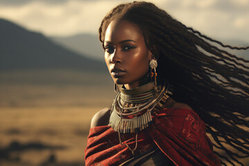 A dramatic portrait of a Maasai woman with beaded accessories and traditional clothing