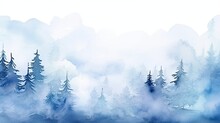 Watercolour Blue White Landscape Of Foggy Forest