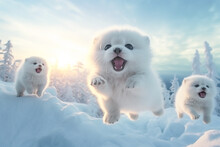 The Background Is A Winter Snowscape, Beautiful Sky And Clouds, And The Cute White Baby Arctic Fox Bathed In The Gentle Sunshine Jumping And Playing Is Cute.
