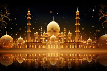 Wall Mural - Illustration of a mosque adorned with golden patterns, the spiritual aura of Ramadan