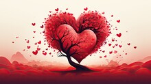 Red Heart Shaped Tree On White Background.