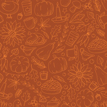 Thanksgiving Seamless Pattern With Monochrome Doodles On Brown Background For Wallpaper, Wrapping Paper, Textile Prints, Kitchen Towels, Scrapbooking, Packaging, Etc. EPS 10