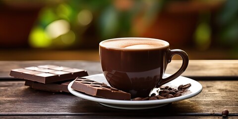 Wall Mural - Closeup of Delicious Coffee Cup and chocolate on Wooden table blur cafe Background