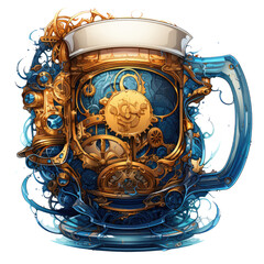 A steampunk-inspired mug of beer T-shirt Design, with the beer mug adorned with intricate gears, Generative Ai