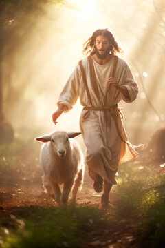 Jesus runs towards a lost lamb. Golden light is litten